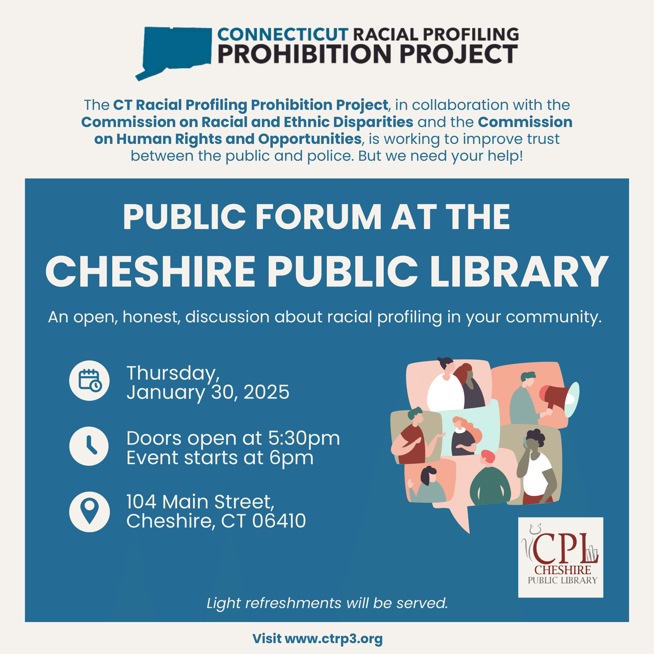 Public Forum at the Cheshire Public Library Flyer